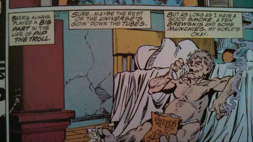 Pip the Troll drinking in a hotel room in Infinity Gauntlet #2