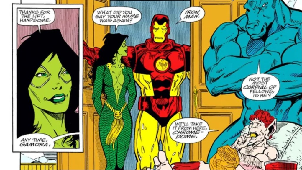 Gamora talking with Iron Man and Pip the Troll
