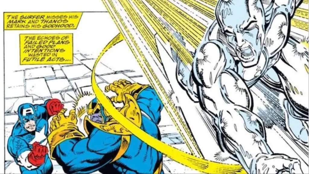 Silver Surfer trying to grab the Infinity Gauntlet