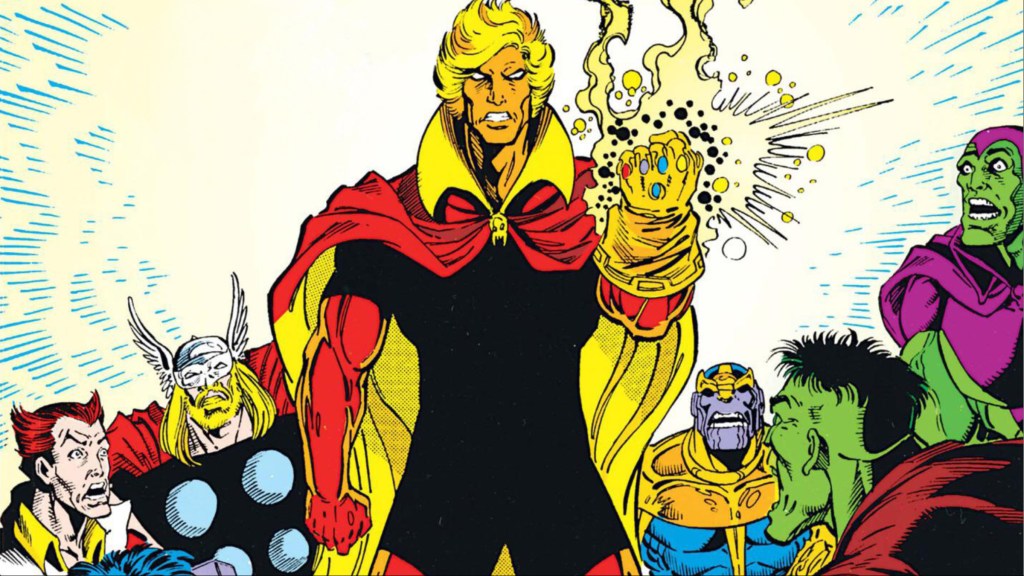 Adam Warlock with the Infinity Gauntlet, surrounded by Starfox, Thor, Thanos, Drax the Destroyer, and the Hulk