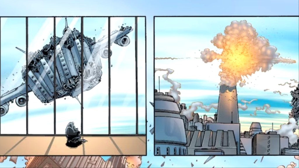 A Sentinel fist flying at Magneto in a wheelchair