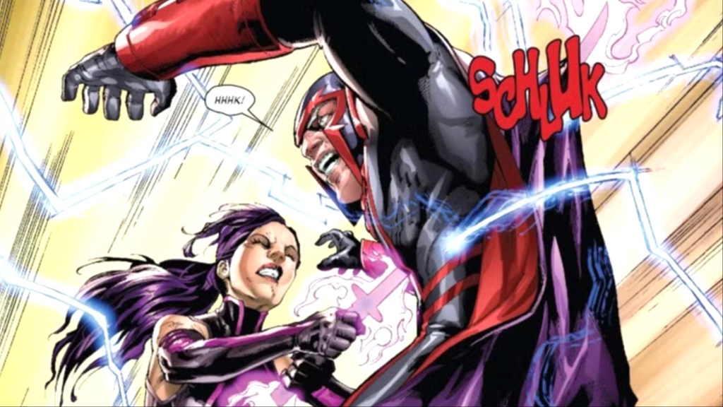 Psylocke stabbing Magneto in the gut