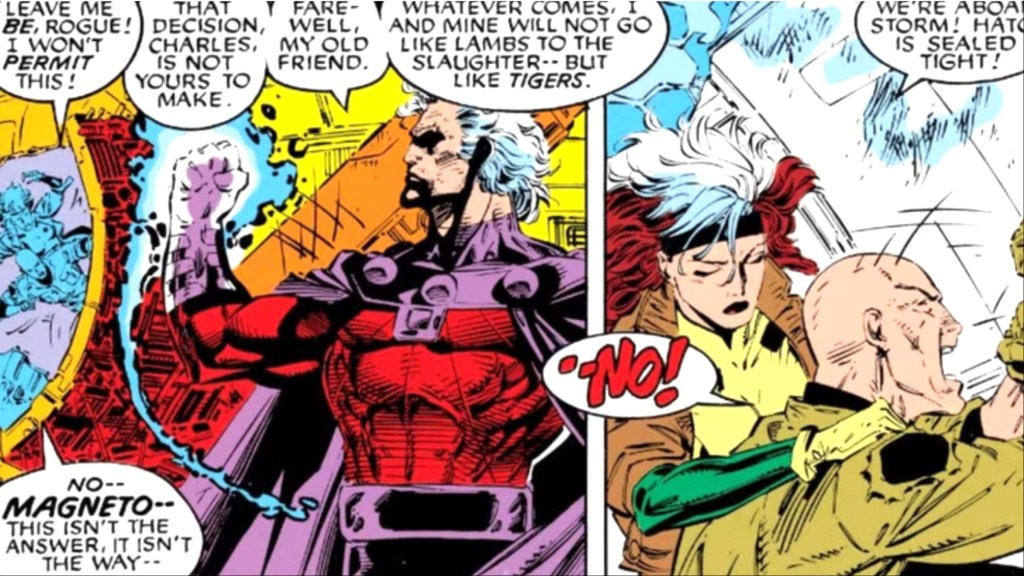 Magneto pushing Xavier and Rogue into an escape pod
