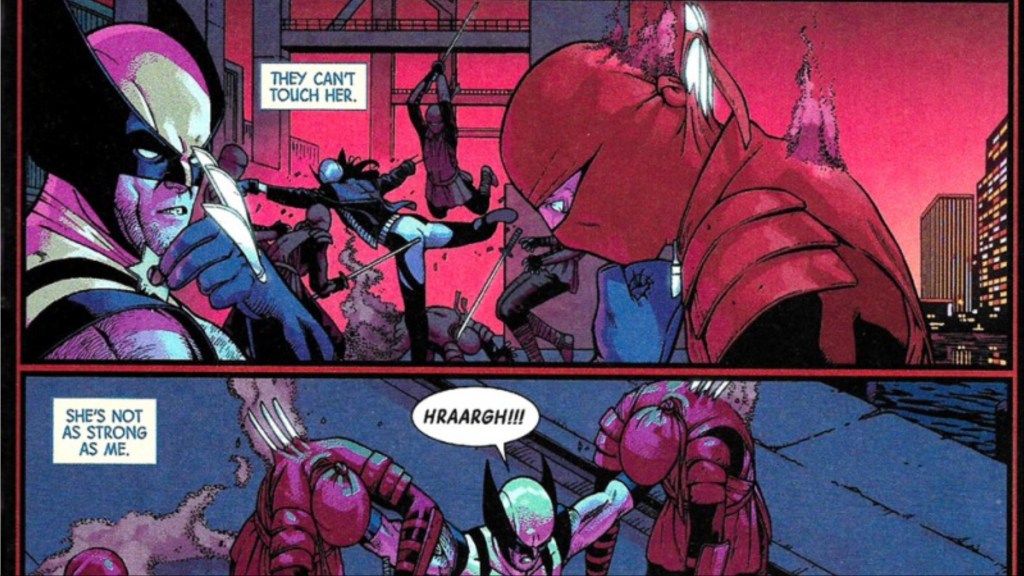Wolverine and Laura fighting ninjas