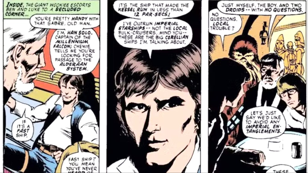 Luke and Obi-Wan meeting Han and Chewie