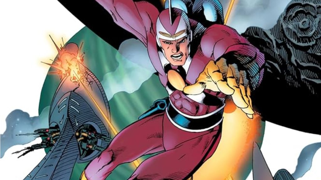 Adam Strange flying in battle