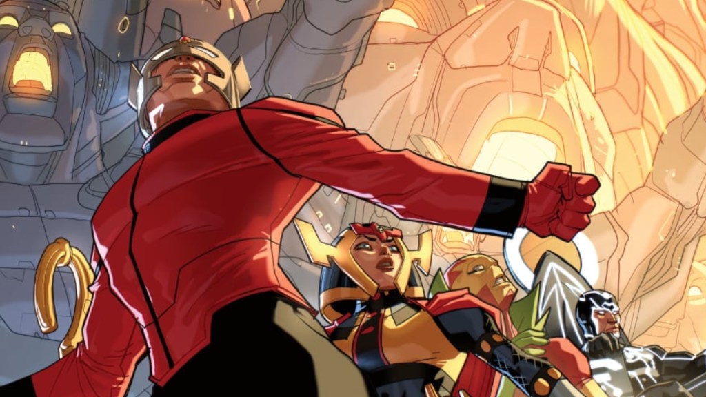 Orion, Mister Miracle, and Big Barda standing with Metron