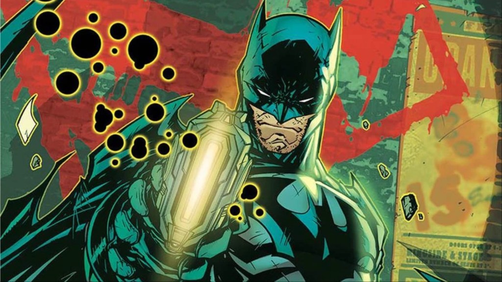 Tim Drake as Batman pointing an energy gun at the viewer