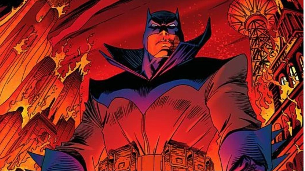 Damian Wayne as Batman standing above a burning Gotham