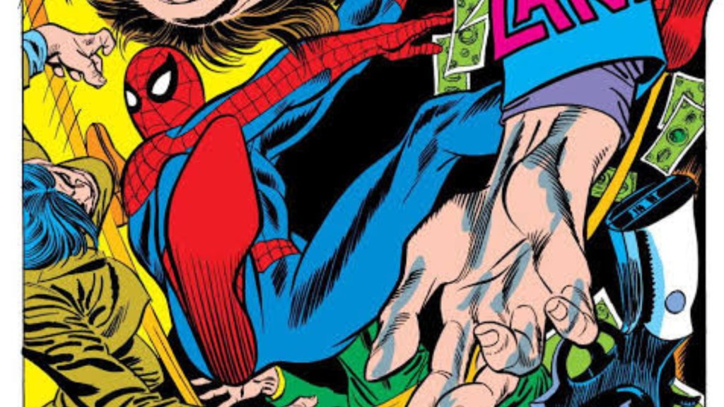 Spider-Man fighting bank robbers
