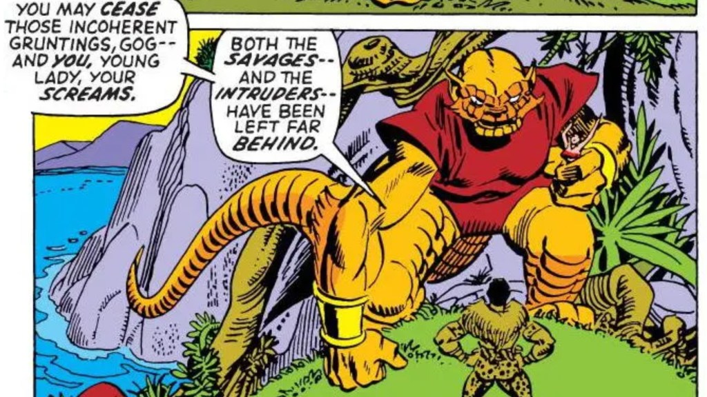 Gog holding Gwen Stacy hostage talking to Kraven