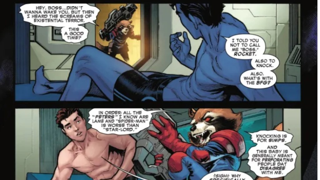 Spider-Man and Rocket talking on a spaceship