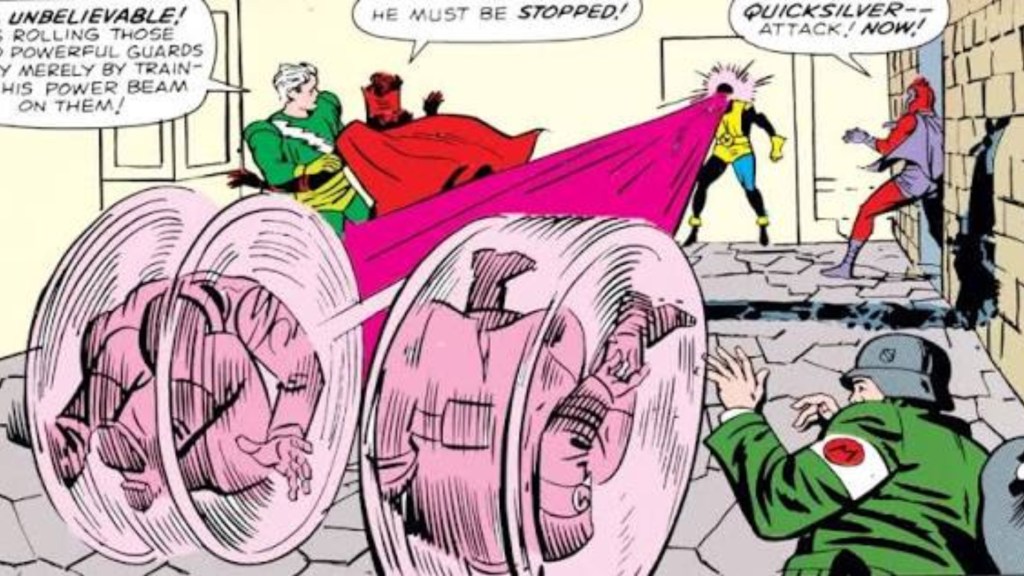 Cyclops blasting Toad and Mastemind while Magneto, Scarlet Witch, and Magneto look on