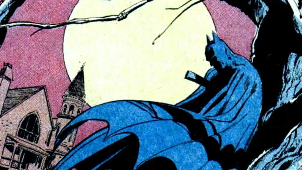 Batman in a tree with the moon and a church behind