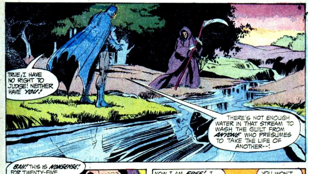 Batman and the Reaper facing off by a river