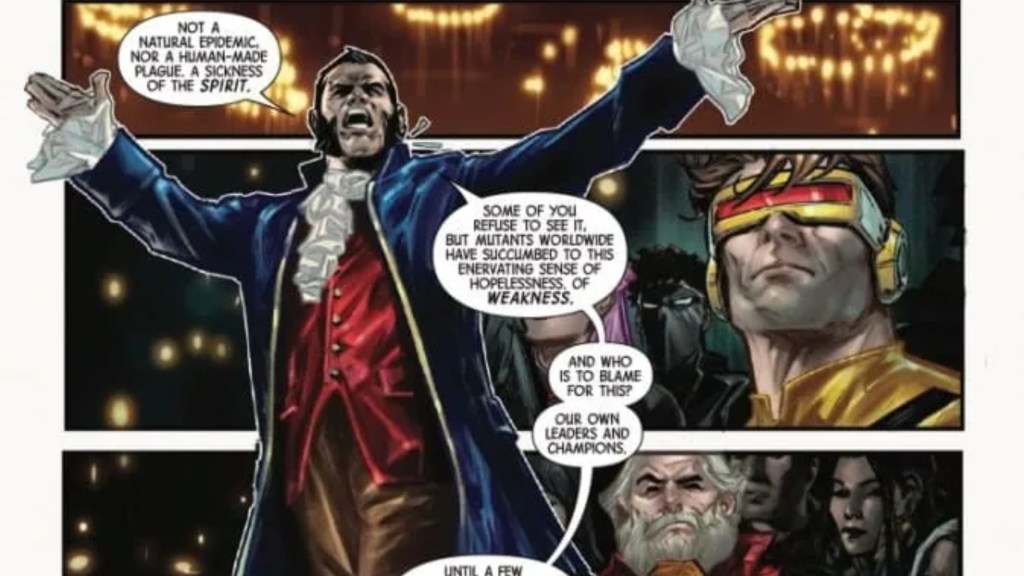 Sebastian Shaw talking toe assembled mutants at his Hellfire Gala