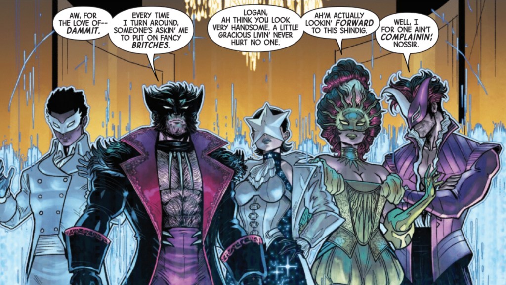 Ransom, Wolverine, Jubilee, Rogue, and Gambit in their Hellfire Gala costumes