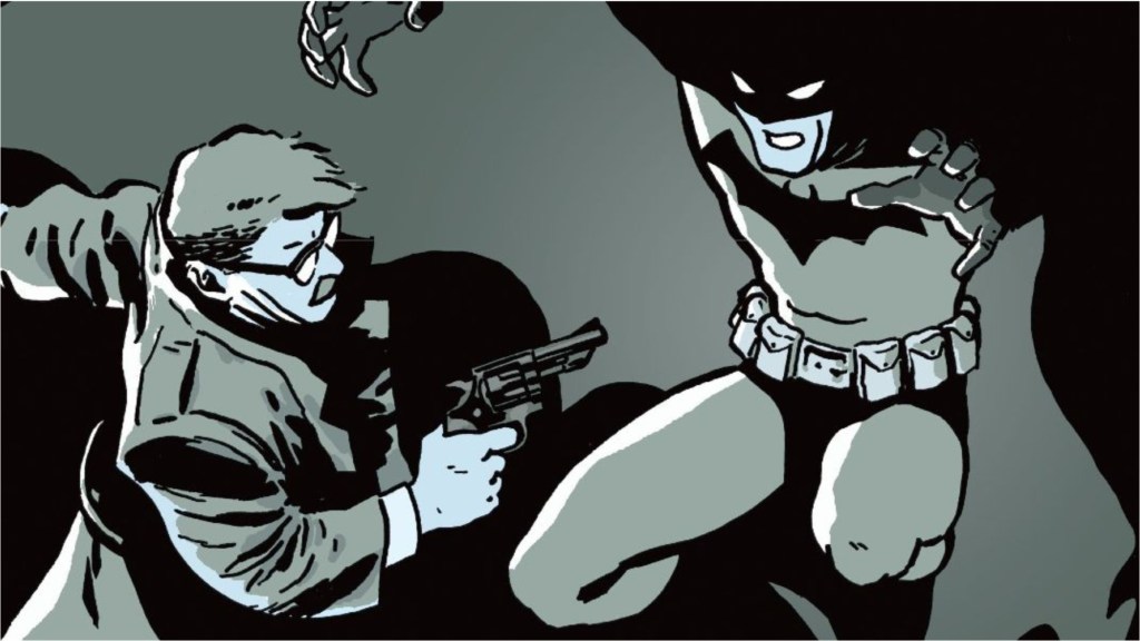 Jim Gordon pointing a gun at Batman