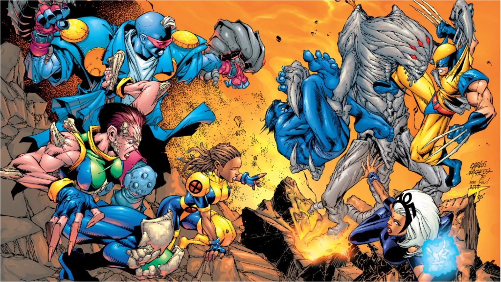 Beast, Wolverine, and Storm battling an alien while Marrow, Maggot, and Cecelia Reyes look on