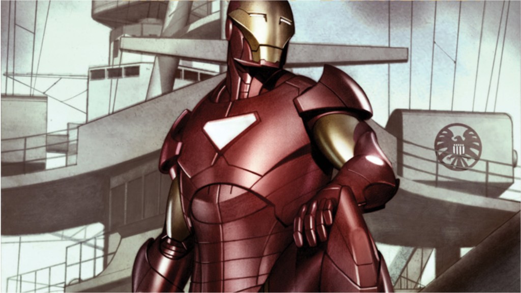Iron Man standing on the deck of the SHIELD Helicarrier