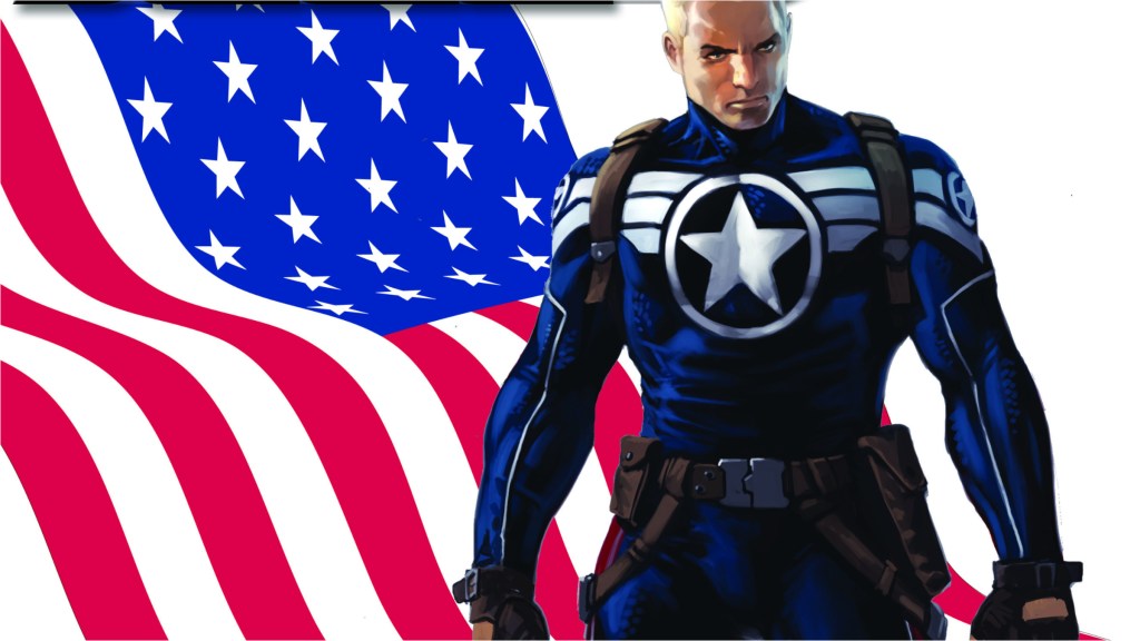 Steve Rogers standing in front of an American flag