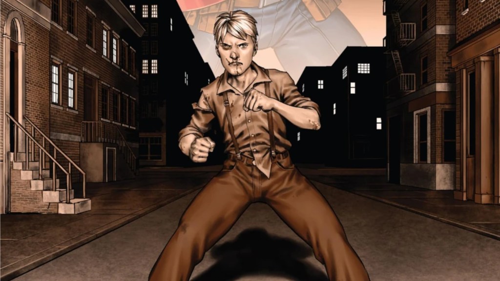 A beaten Steve Rogers with his dukes up in the streets