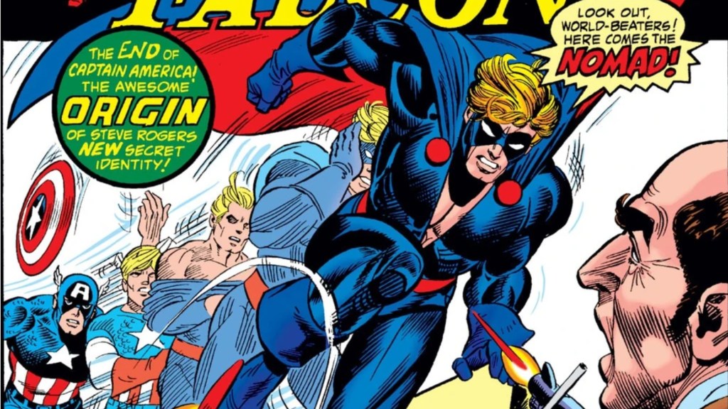 Steve Rogers putting on the Nomad costume and jumping into battle