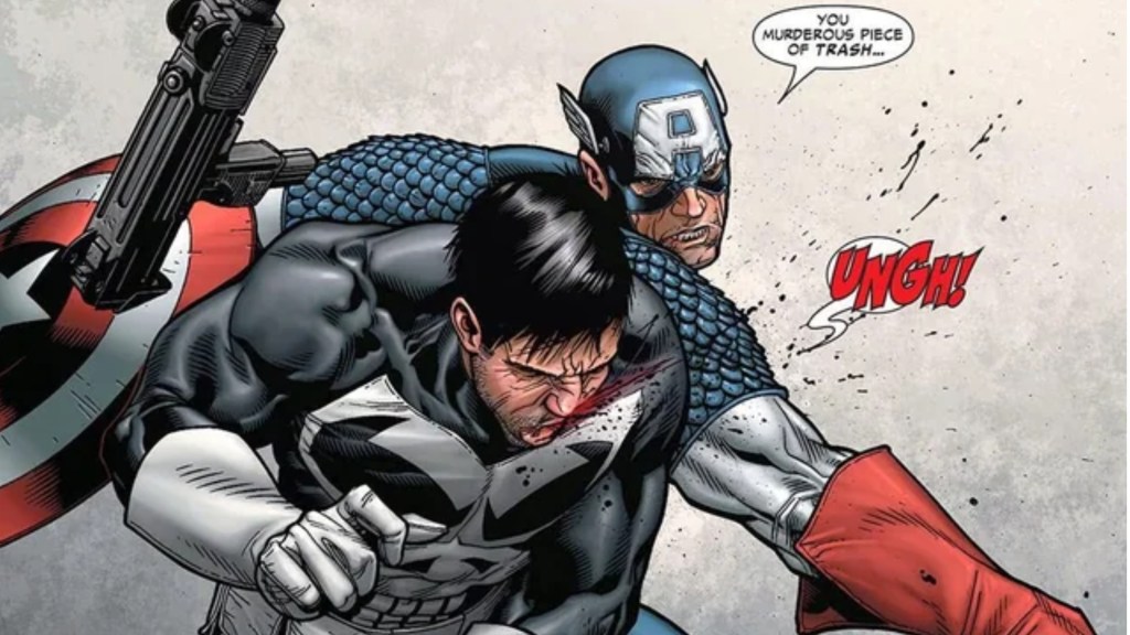 Captain America punching a gun out of Punisher's hand