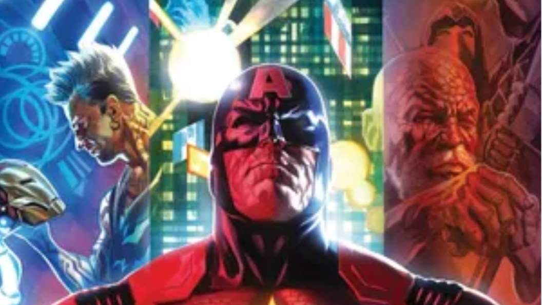 Captain America with Iron Man's son over one shoulder and Luke Cage and the Defenders over the other