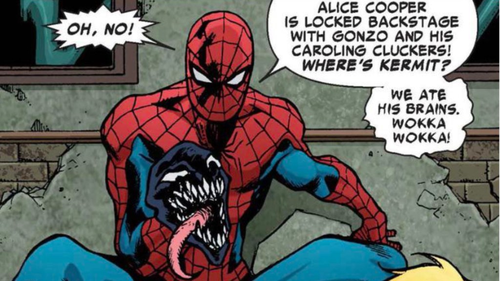 Spider-Man using Venom's head as a puppet