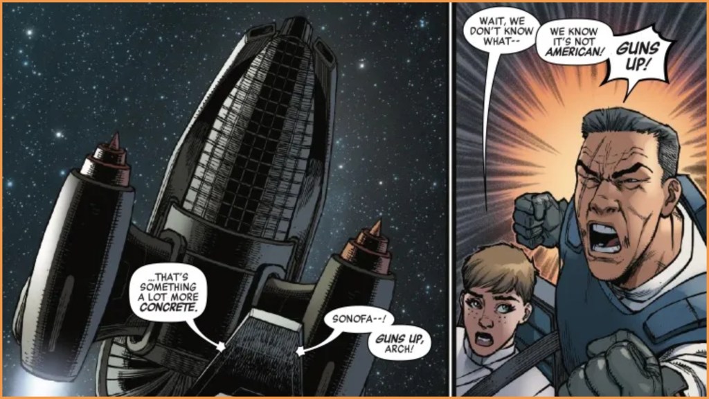 A Predator ship flying over a human one with the crew noticing