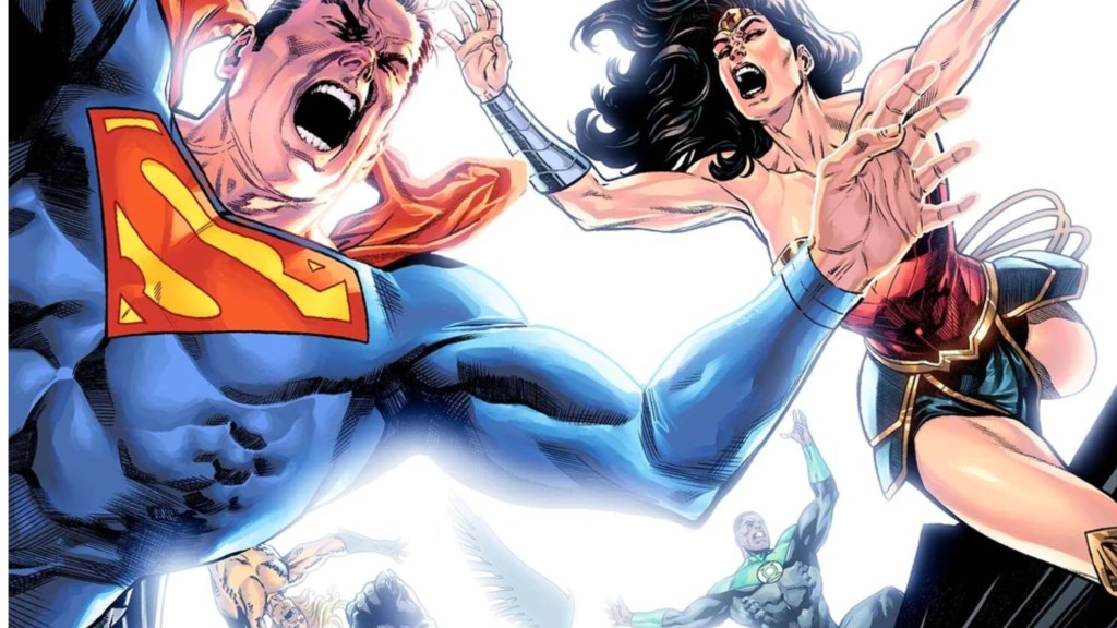 Superman, Wonder Woman, John Stewart, and Aquaman being eaten by white light