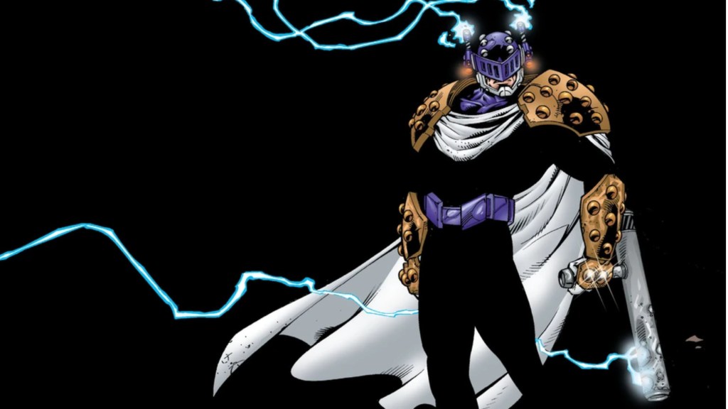 Prometheus standing in front of a black background, wreathed with lightning