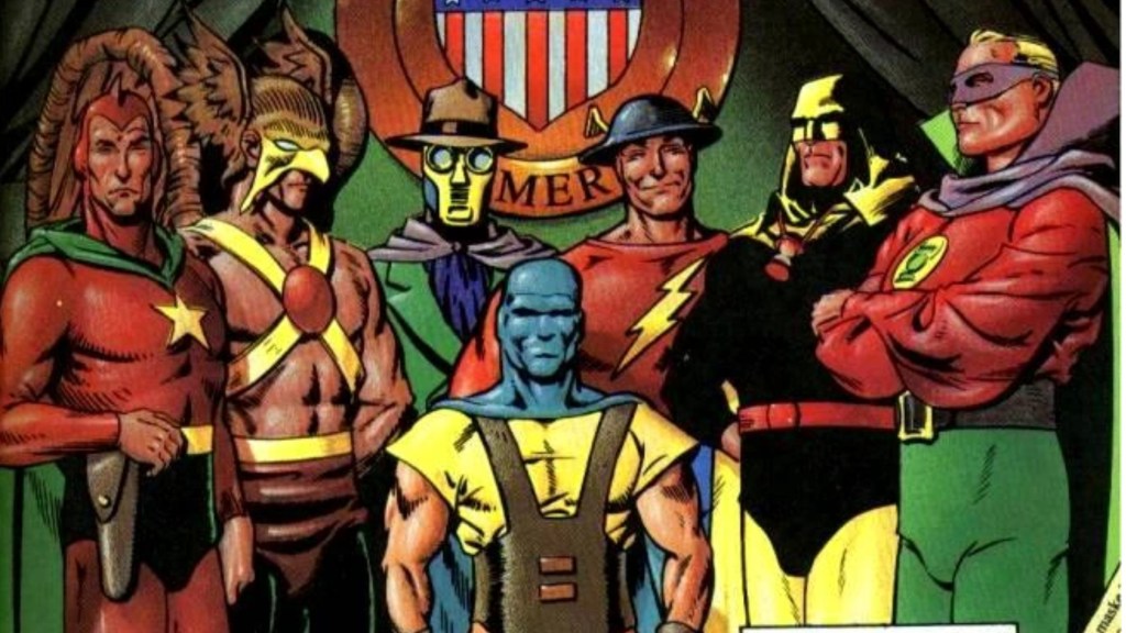 The Justice Society standing together under their crest