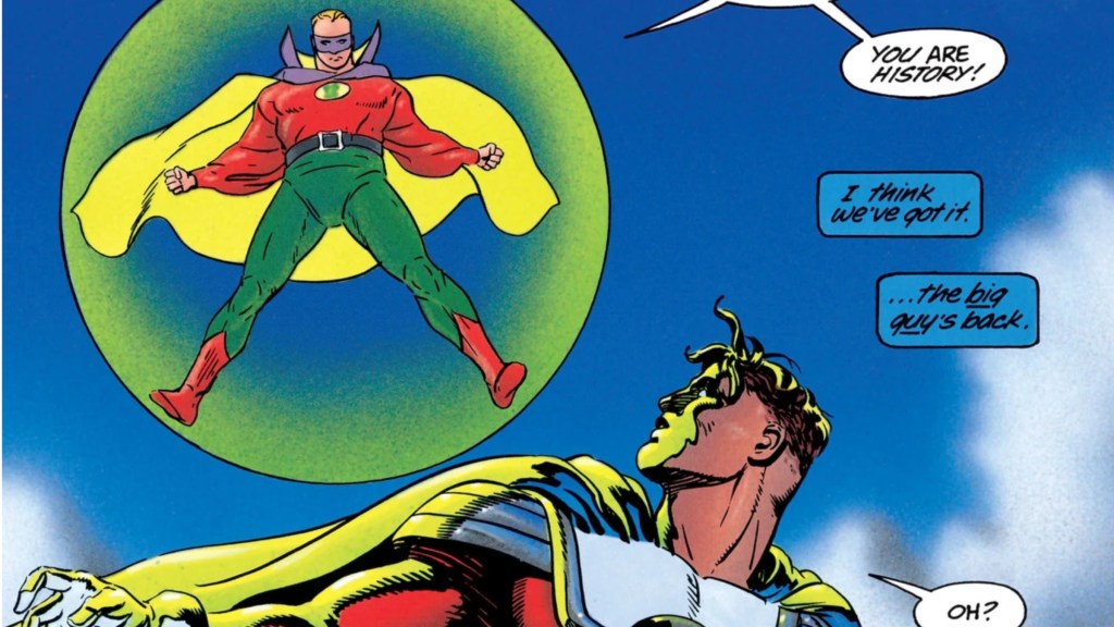 Alan Scott about to attack Dynaman in The Golden Age #4