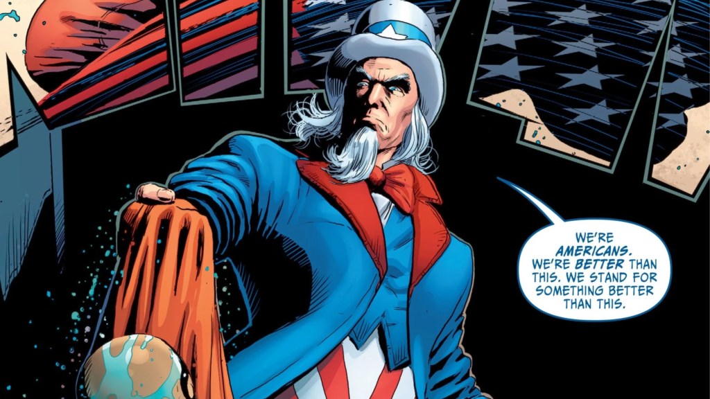 Uncle Sam holding a beaten henchman
