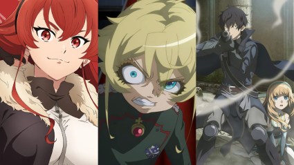 Mushoku Tensei, Saga of Tanya the Evil, Trapped in a Dating Sim collage