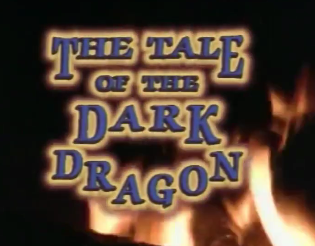 The title card for "The Tale of the Dark Dragon", appearing over campfire flames.