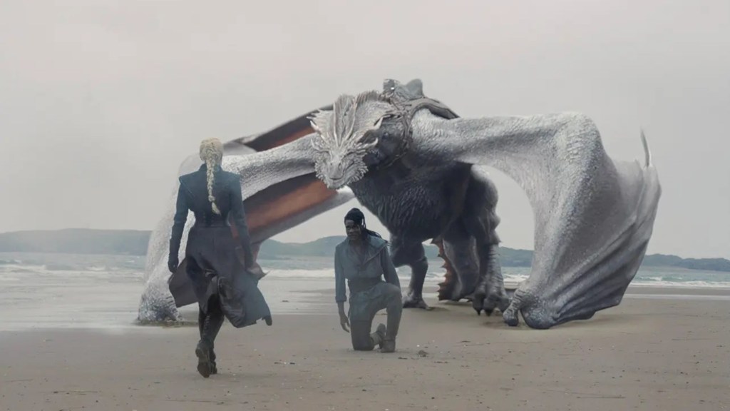 Addam kneeling to Rhaenyra with Seasmoke behind him in House of the Dragon