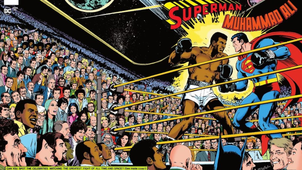 Crowd watches celebrities and heroes like Batman and Lex Luthor