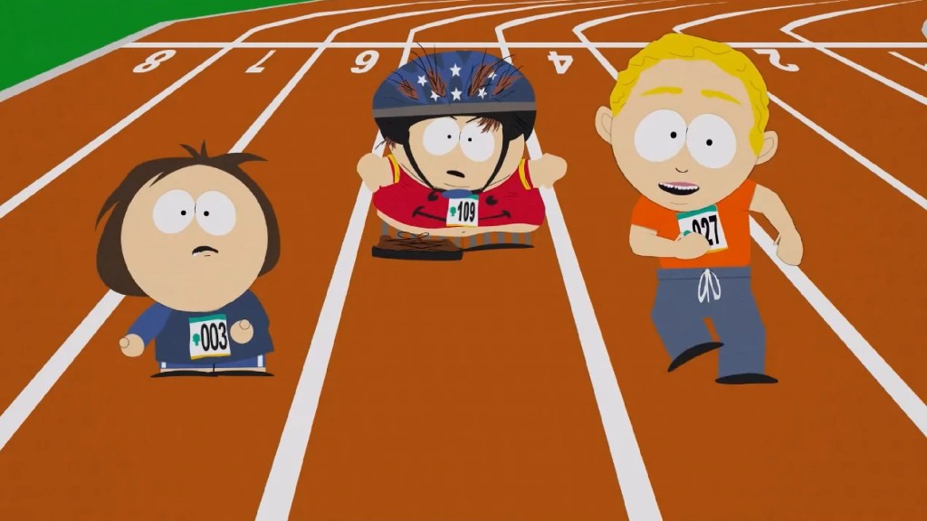 Cartman losing a race in the Olympics in South Park