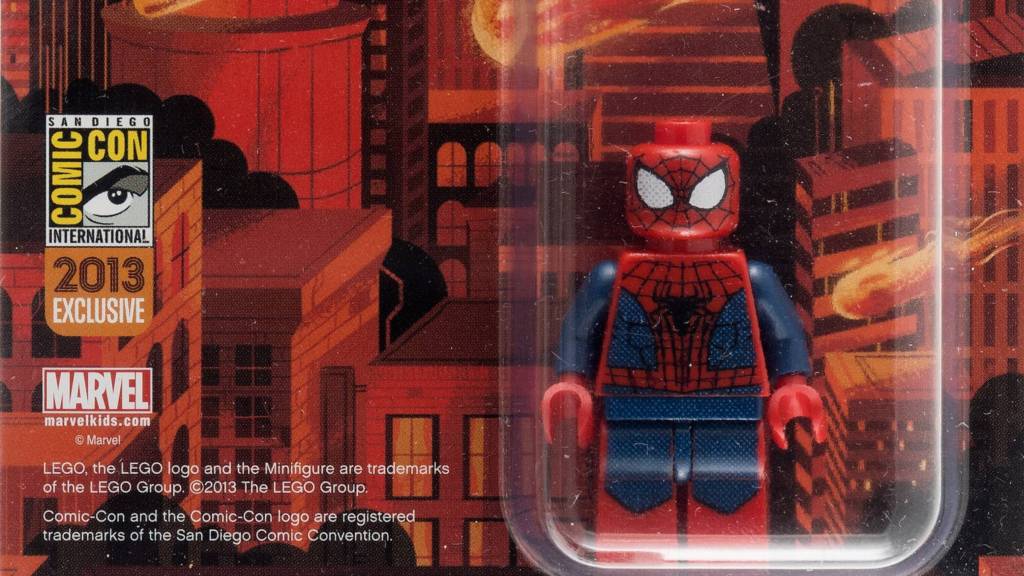 SDCC Exclusive LEGO Marvel Super Heroes Spider-Man minifigure in original packaging.