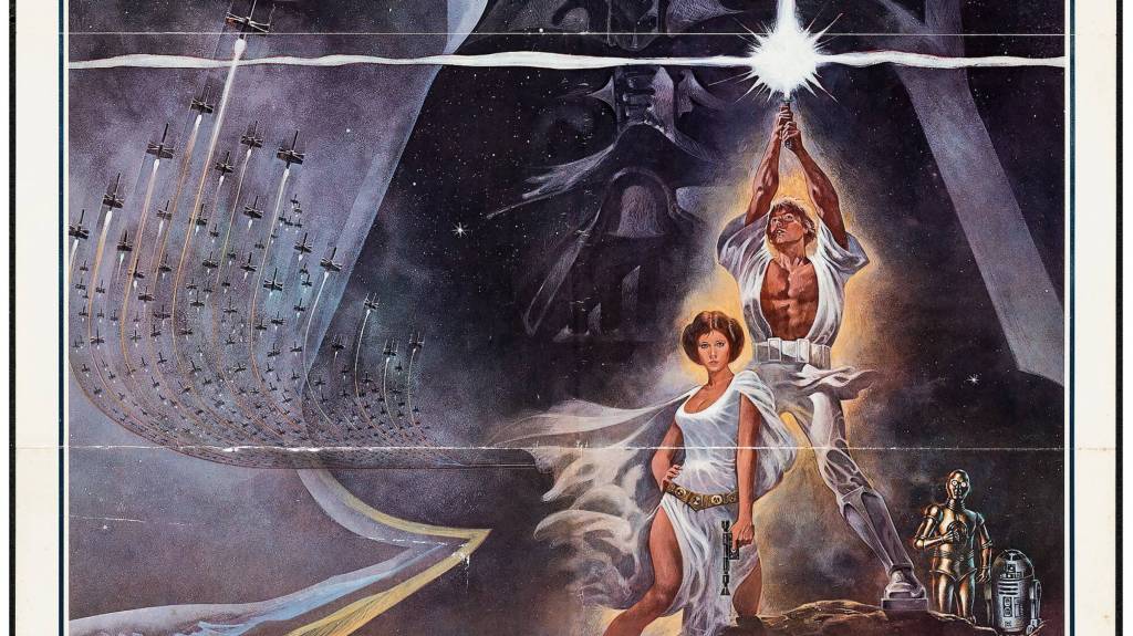 Original Star Wars poster featuring Luke Skywalker, Princess Leia, C-3PO, R2-D2, and Darth Vader.