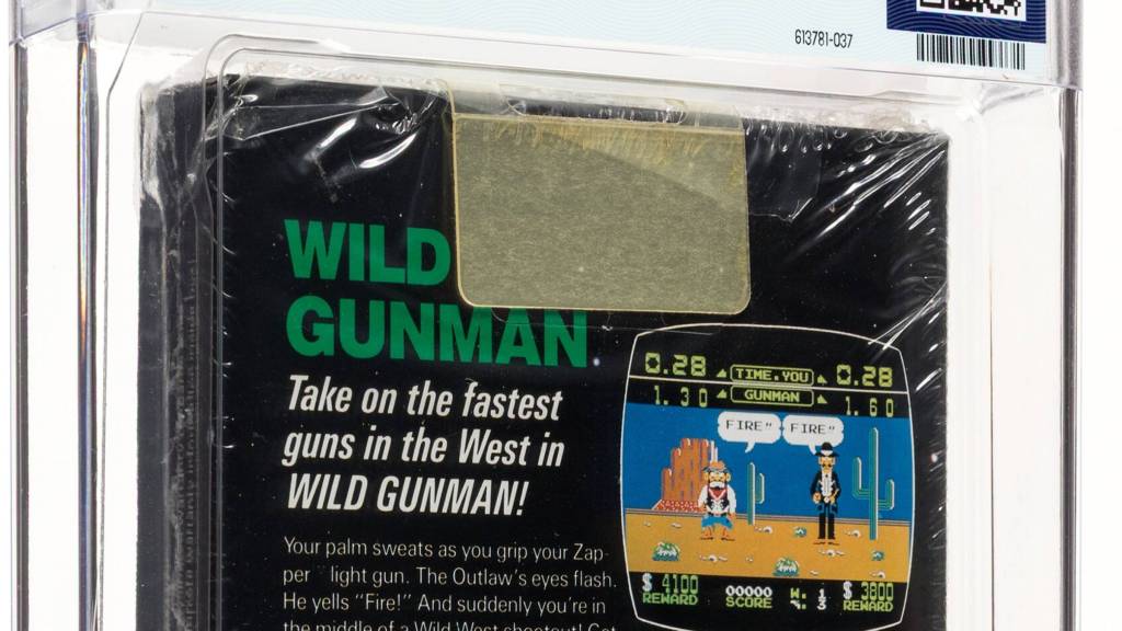 A sealed copy of Wild Gunman for the Nintendo Entertainment System with a cardboard hangtab.