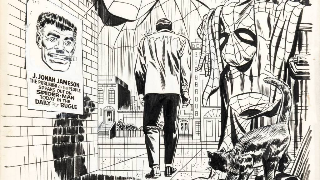 Spider-Man walking away from his suit after throwing it in the trash in the 1978 Mighty Marvel Comics Calendar by Larry Lieber.
