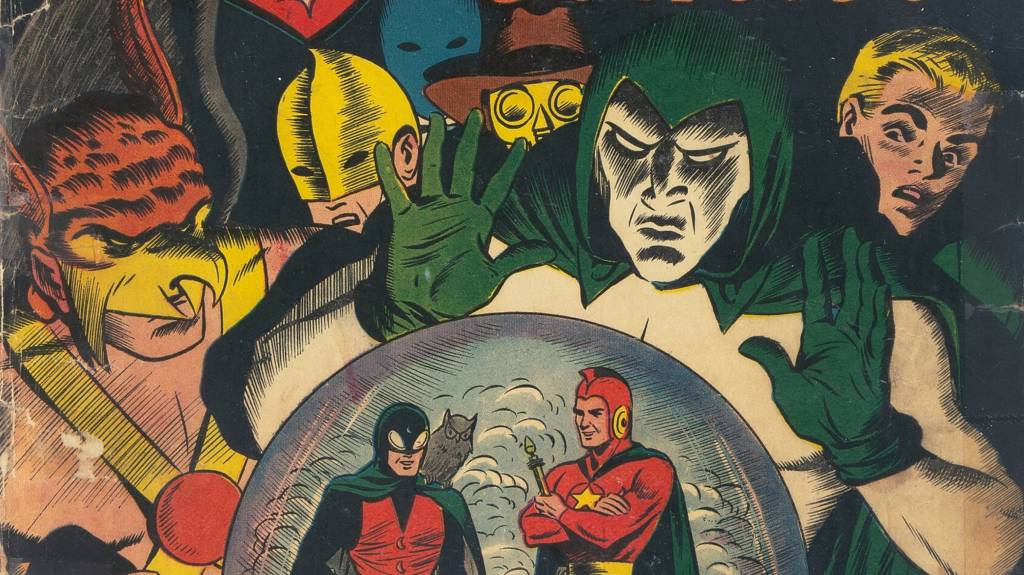 Cover art of All Star Comics #8, featuring Hawk Man, Doctor Fate, The Spectre, and others looking into a crystal ball.
