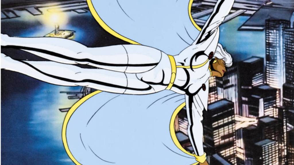 Original X-Men animated series production cel, featuring Storm flying over a city.
