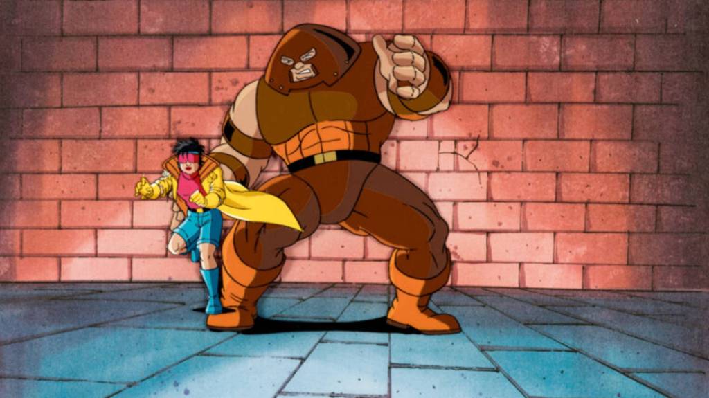 Original X-Men animated series production cel, featuring Juggernaut chasing Jubilee.