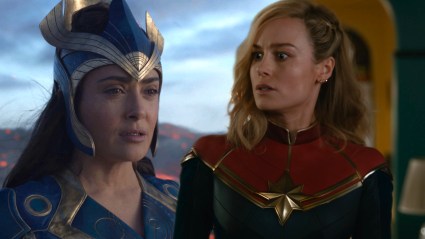 Split image of Salma Hayek in Eternals and Brie Larson in The Marvels