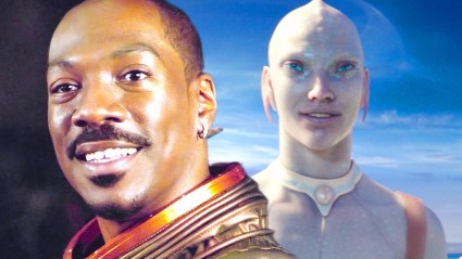 Split image of Eddie Murphy as Pluto Nash and an alien in Valerian and the City of a Thousand Planets